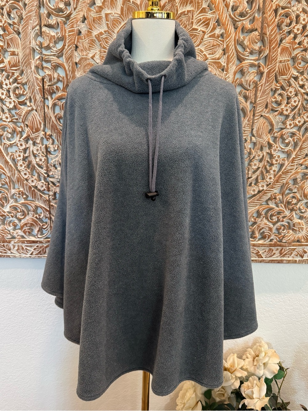 Worthington Gray Funnel-Neck Poncho w/Drawstring Warm Soft Cozy Comfy